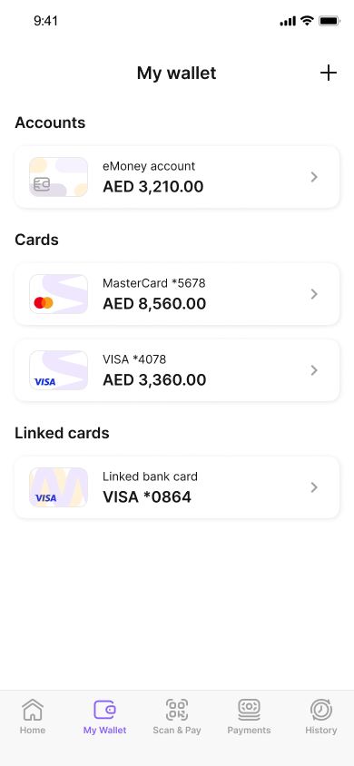 White-lable fintech app - screens of cards and accounts, wallets, payment instruments